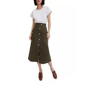 Veronica Beard NWT Larsen Dress L White Army Green Stretch Mid Calf Shirtdress 🌼